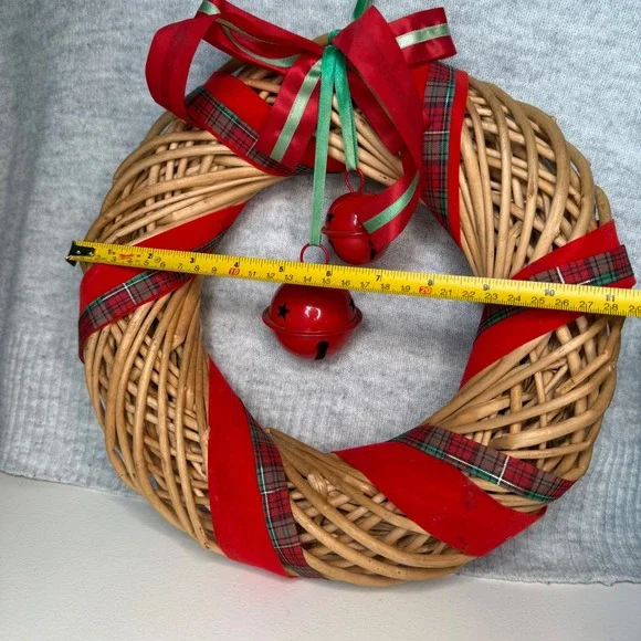 Wicker Christmas Wreath Red Green Plaid Ribbon Jingle Bells Holiday Decor - Picture 4 of 5